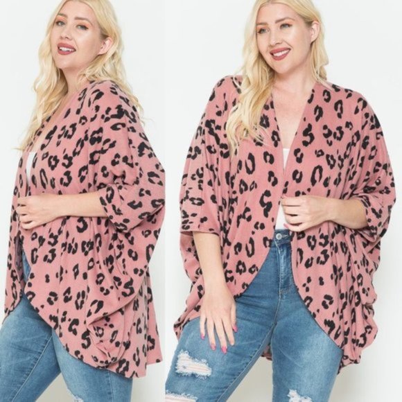 Pink Leopard Print open front Kimono Cardigan - Picture 4 of 6